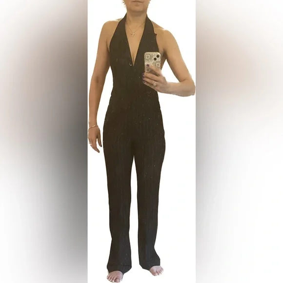 Pinstripe halter jumpsuit by Bebe preloved size 0. There is no stretch. - Picture 1 of 8
